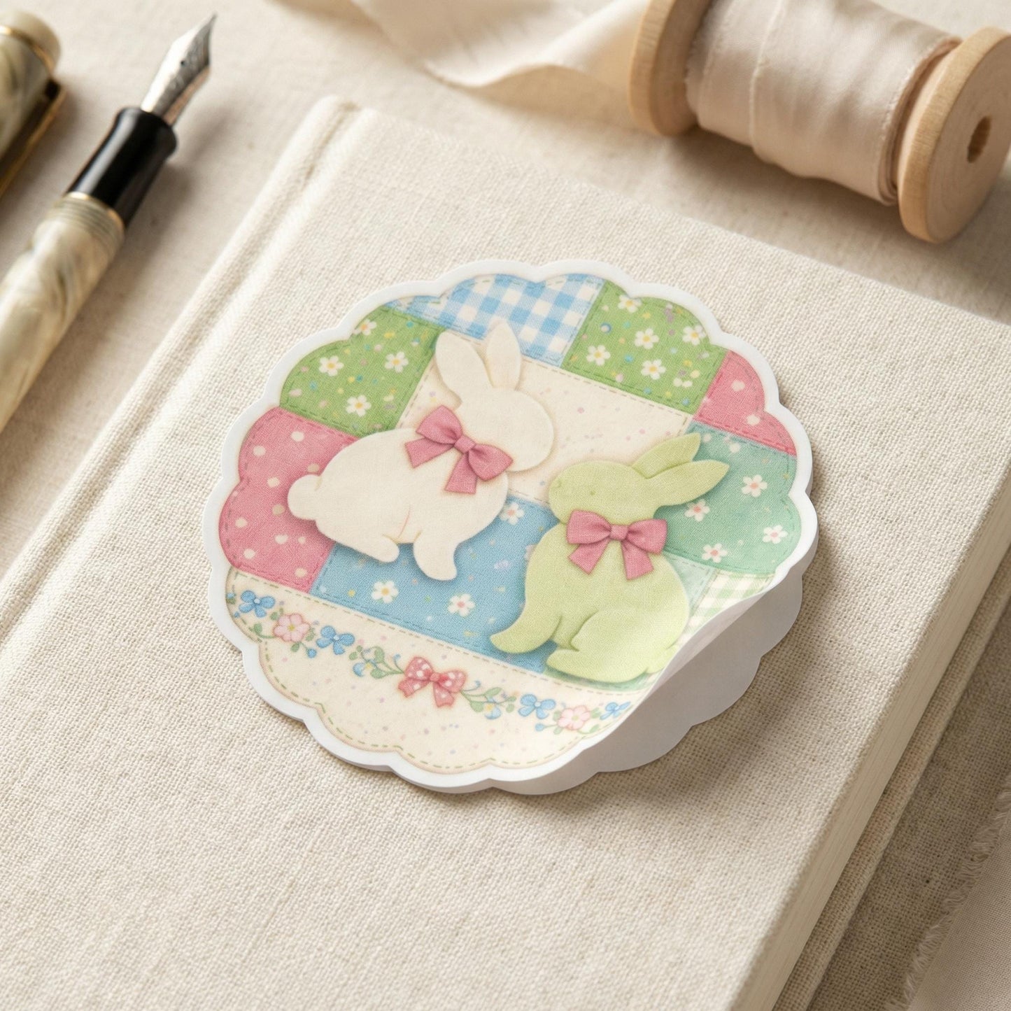 Easter Bunny Sticker Pastel Rabbit Patchwork Pattern Vinyl Waterproof Bunny Art Scalloped Edge Design Cloqette Spring Holiday Craft
