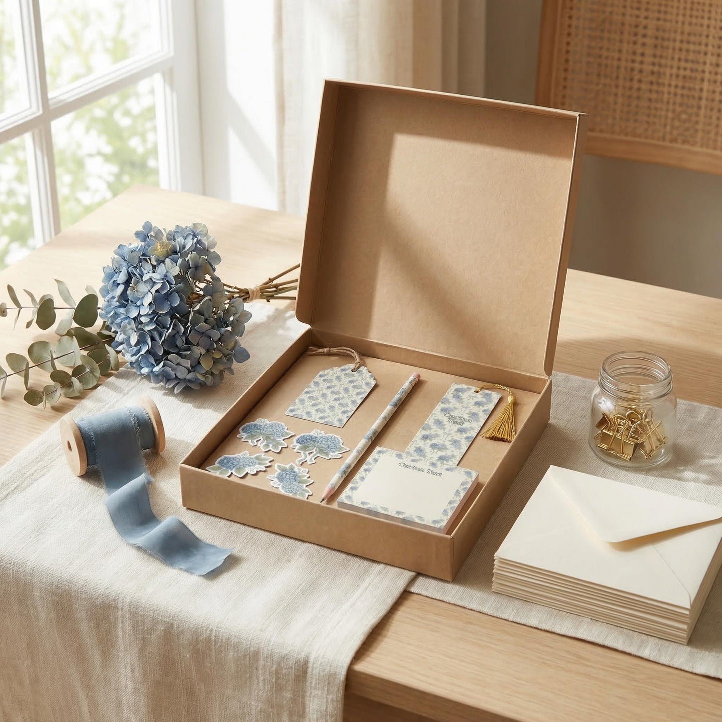 Hydrangea Stationery Set Blue Floral Gift Box Kraft Stationery Mothers Day Grandma Gift Nana Grandmother Notebook Personalized Writing