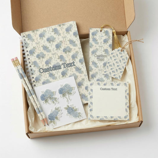 Personalized Stationery Set Blue Hydrangea Writing Kit Custom Notebook Premium Collection Botanical Paper Gift Box Office Supply Desk