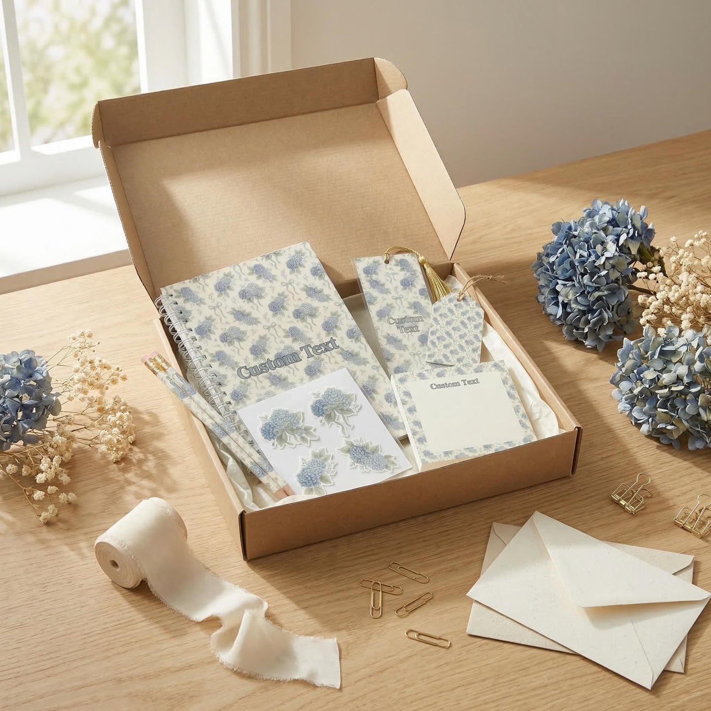 Personalized Stationery Set Blue Hydrangea Writing Kit Custom Notebook Premium Collection Botanical Paper Gift Box Office Supply Desk