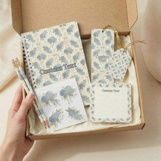 Personalized Stationery Set Blue Hydrangea Writing Kit Custom Notebook Premium Collection Botanical Paper Gift Box Office Supply Desk