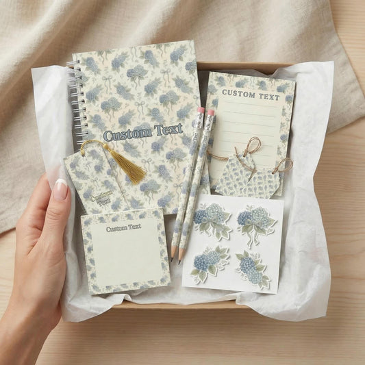 Stationery Gift Box Custom Handmade Set Light Blue Hydrangea Writing Desk Accessory Bundle Notebook Collection Stepmom Present Teacher