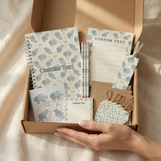 Blue Hydrangea Stationery Gift Package Complete Set Personalized Writing Collection Notebook Floral Design Elegant Box Office Supply Desk