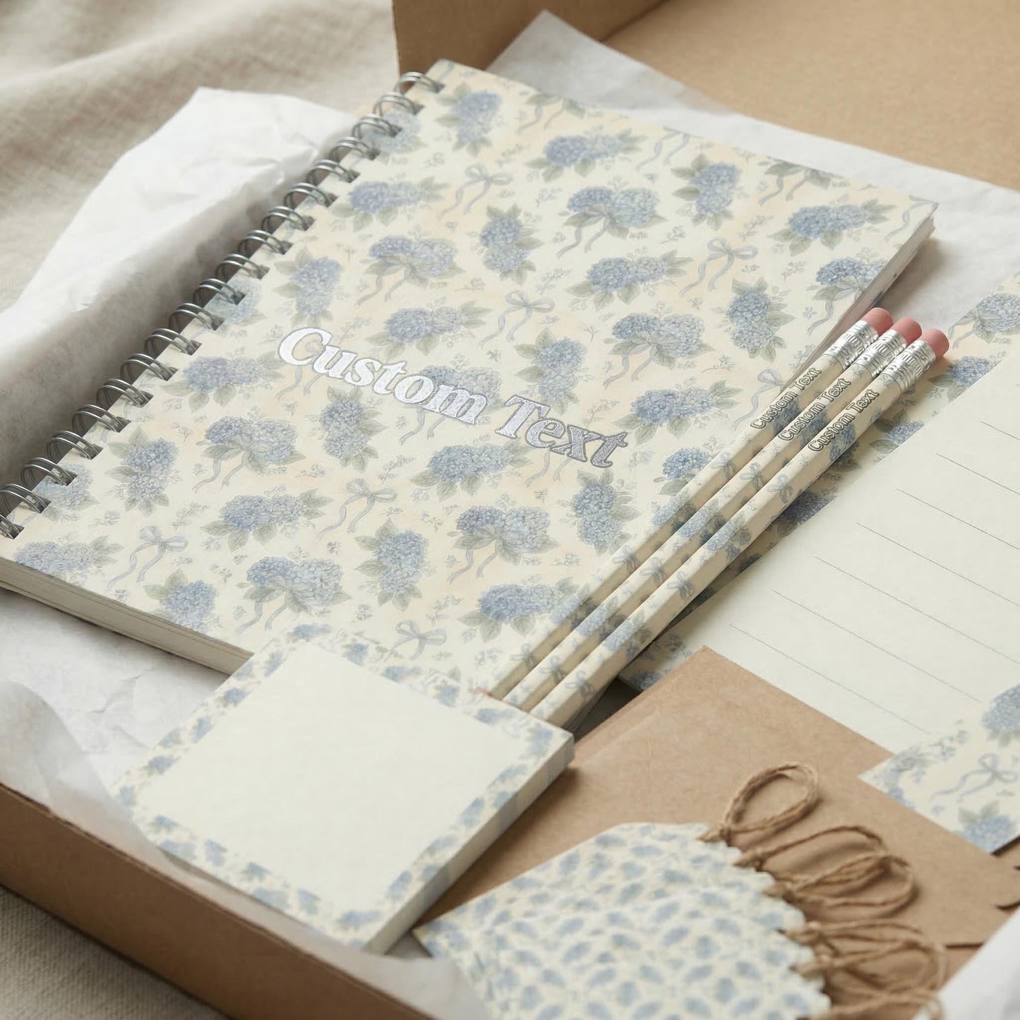 Blue Hydrangea Stationery Gift Package Complete Set Personalized Writing Collection Notebook Floral Design Elegant Box Office Supply Desk