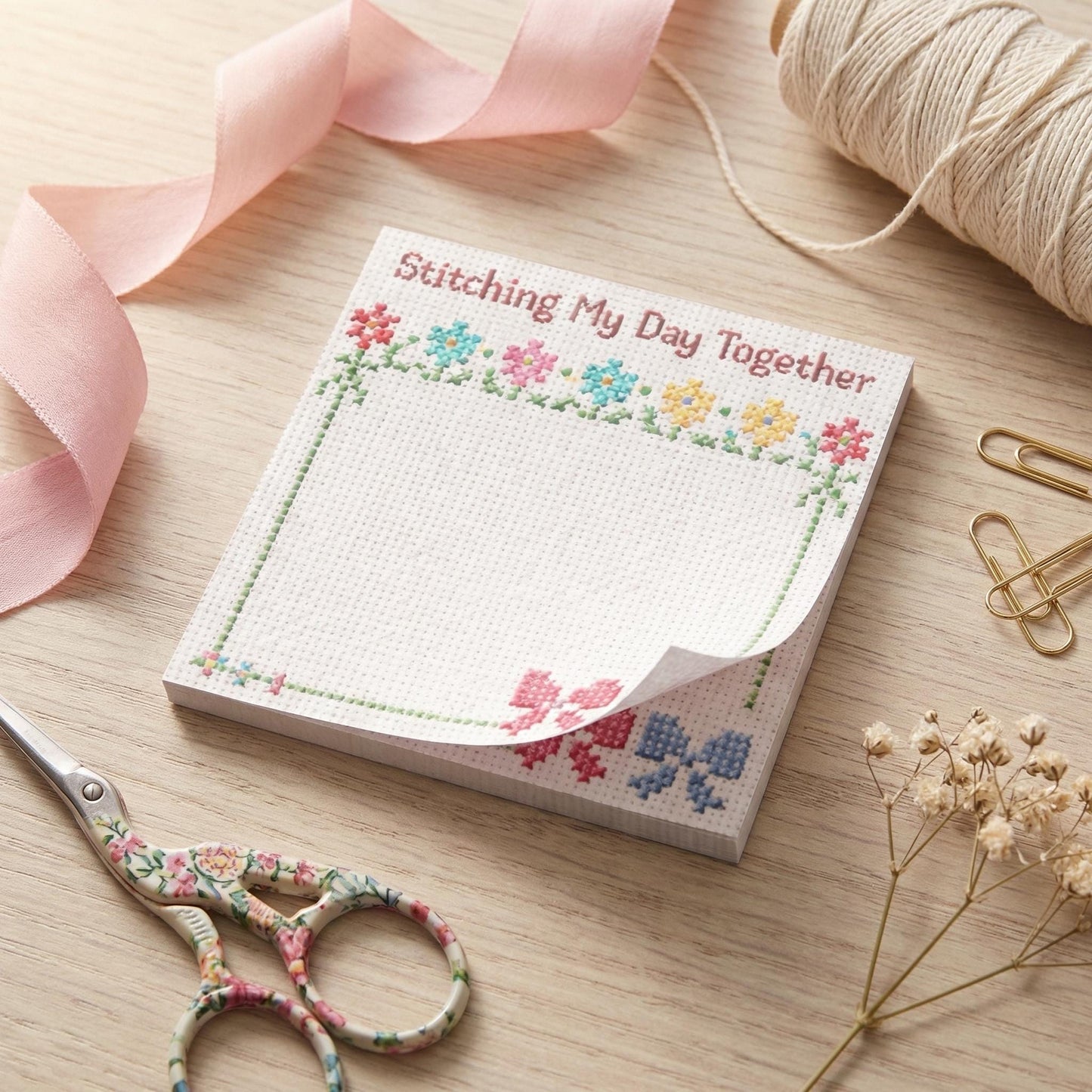 Cross Stitch Notepad Design Inspiration Craft Desk Accessory Organization Sticky Note Pad Floral Embroidery Theme Stationery Gift Sewing