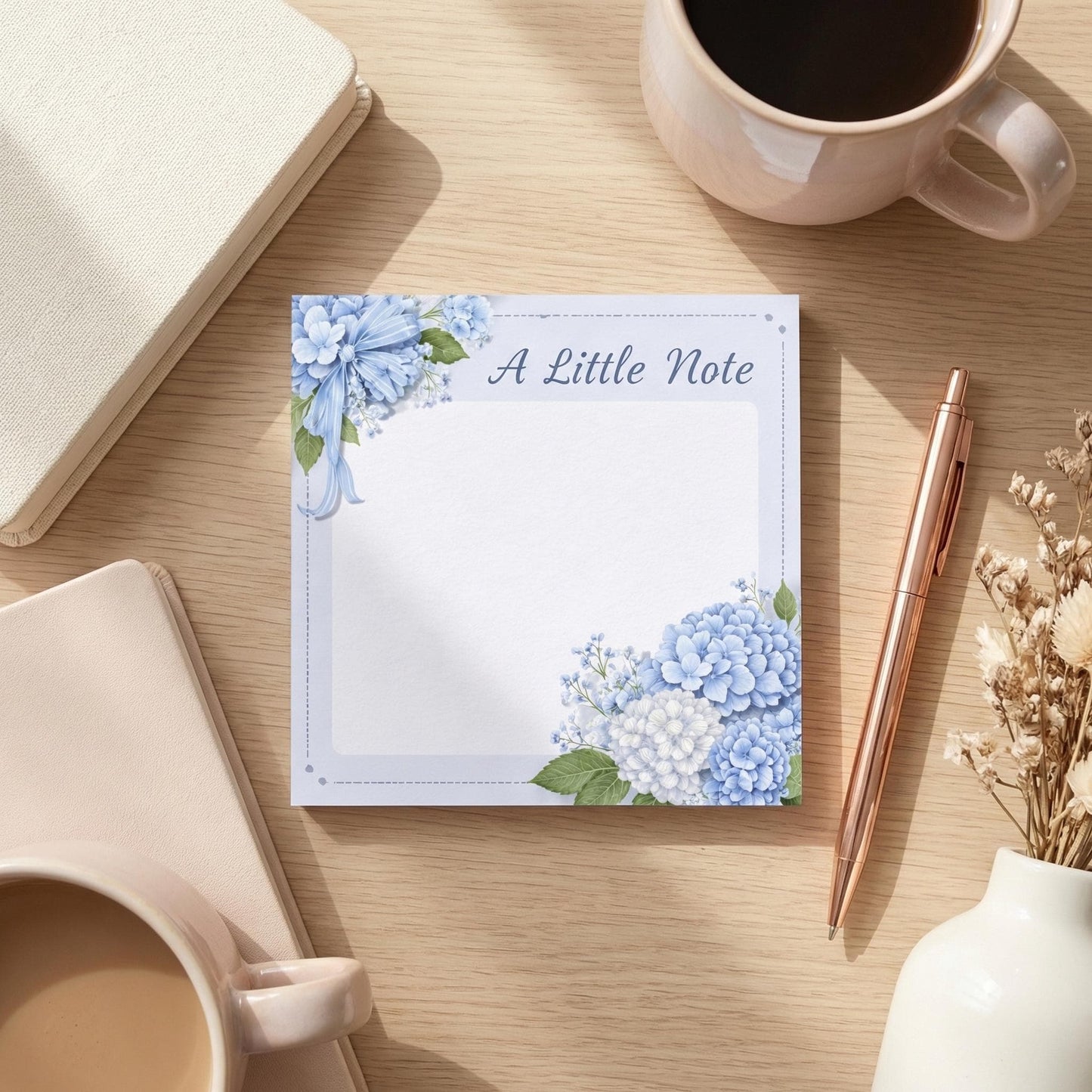Blue Hydrangea Notepad Floral Design Sticky Note Pad Adhesive Desk Accessory Hydrangea Stationery Office Supply Vintage Style