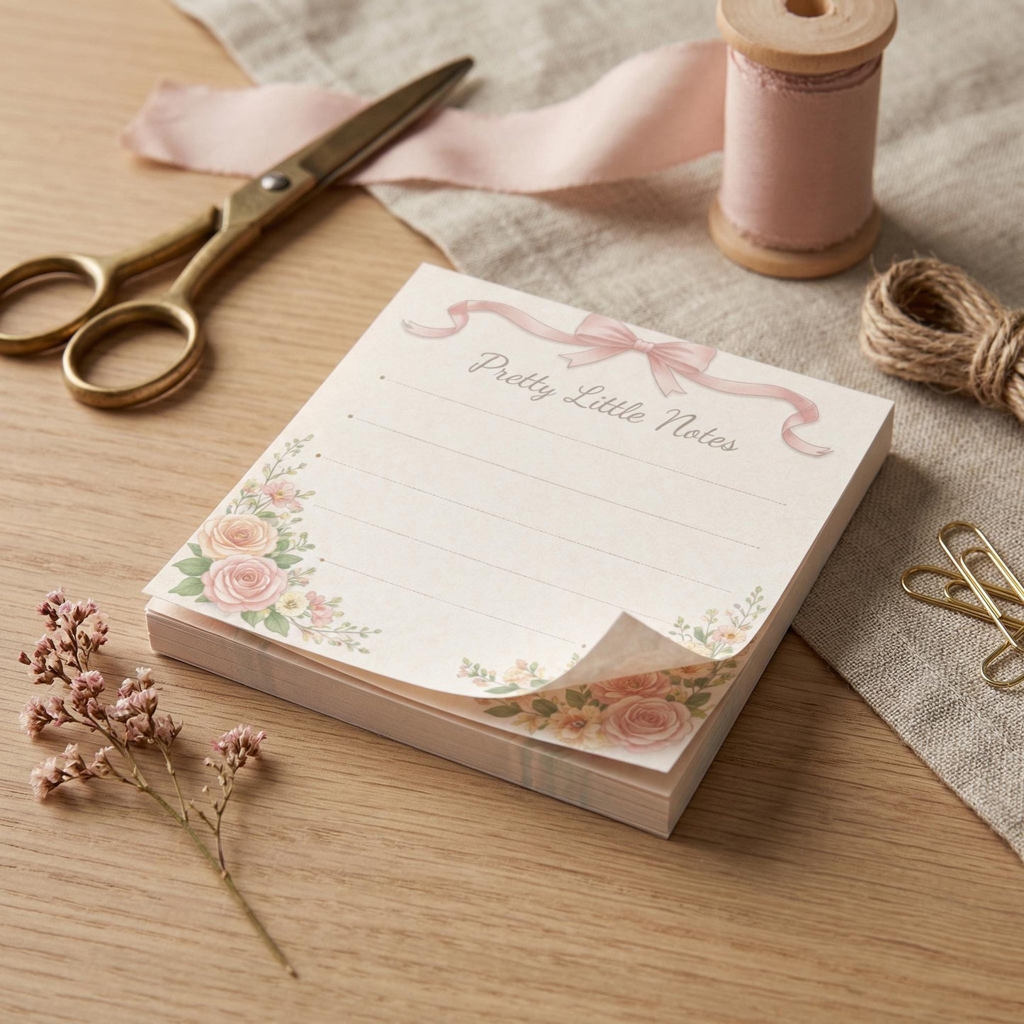 Pink Rose Notepad Floral Design Bow Aesthetic Coquette Stationery Pretty Little Notes Pad Pink Bow Ribbon Decoration Desk Accessory Office