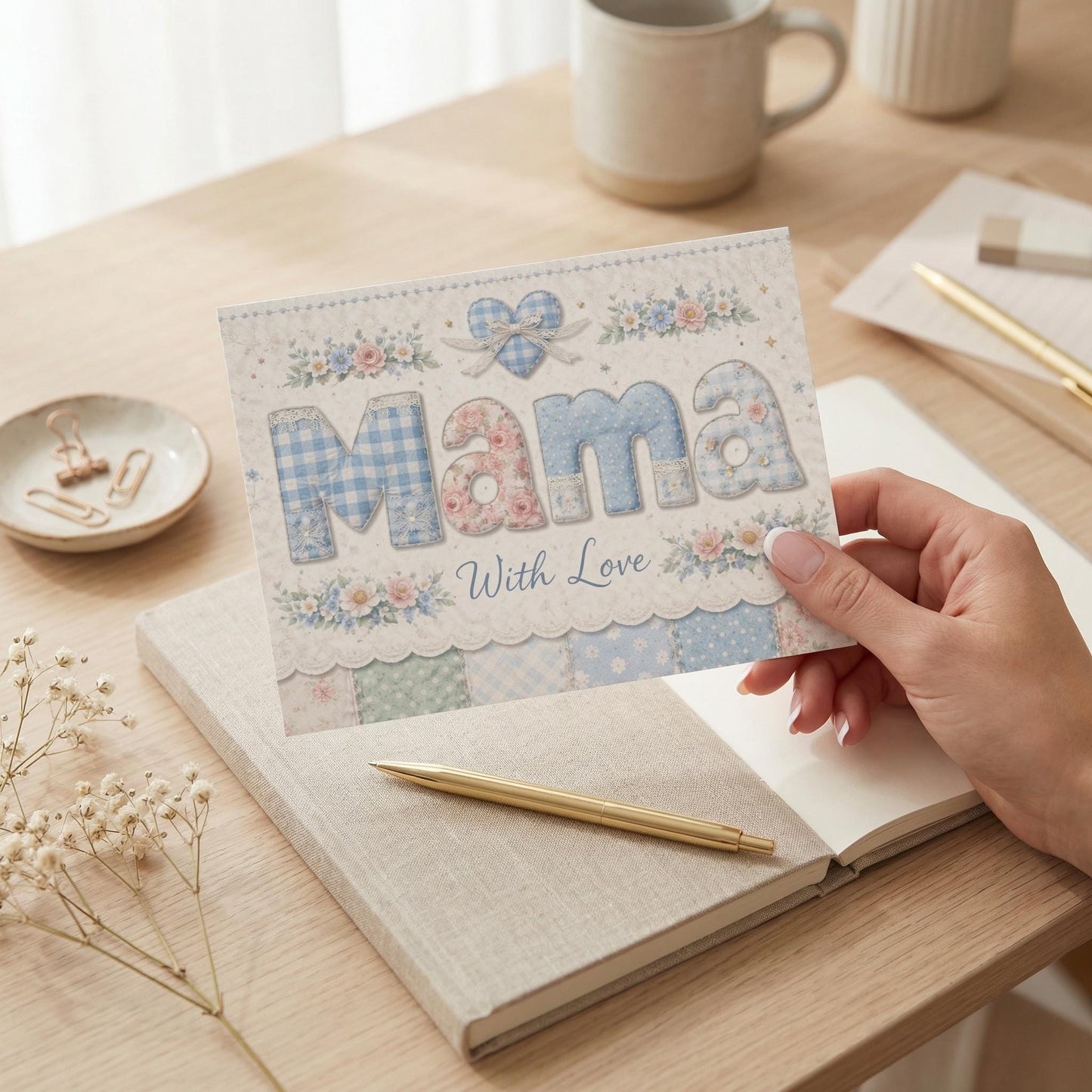 Mama Greeting Card Floral Design Patchwork Heart Gingham Style Pastel Blue Pink Lettering Love Message Handmade Stationery Birthday Gift