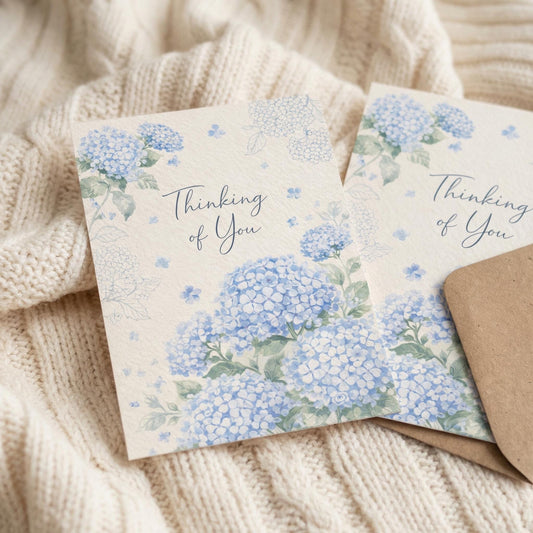 Blue Hydrangea Notecard Floral Design Botanical Illustration Sympathy Card Thinking Message Custom Stationery Faux Textured Paper Premium