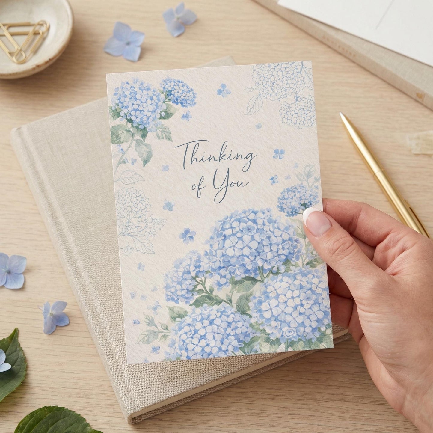 Blue Hydrangea Notecard Floral Design Botanical Illustration Sympathy Card Thinking Message Custom Stationery Faux Textured Paper Premium