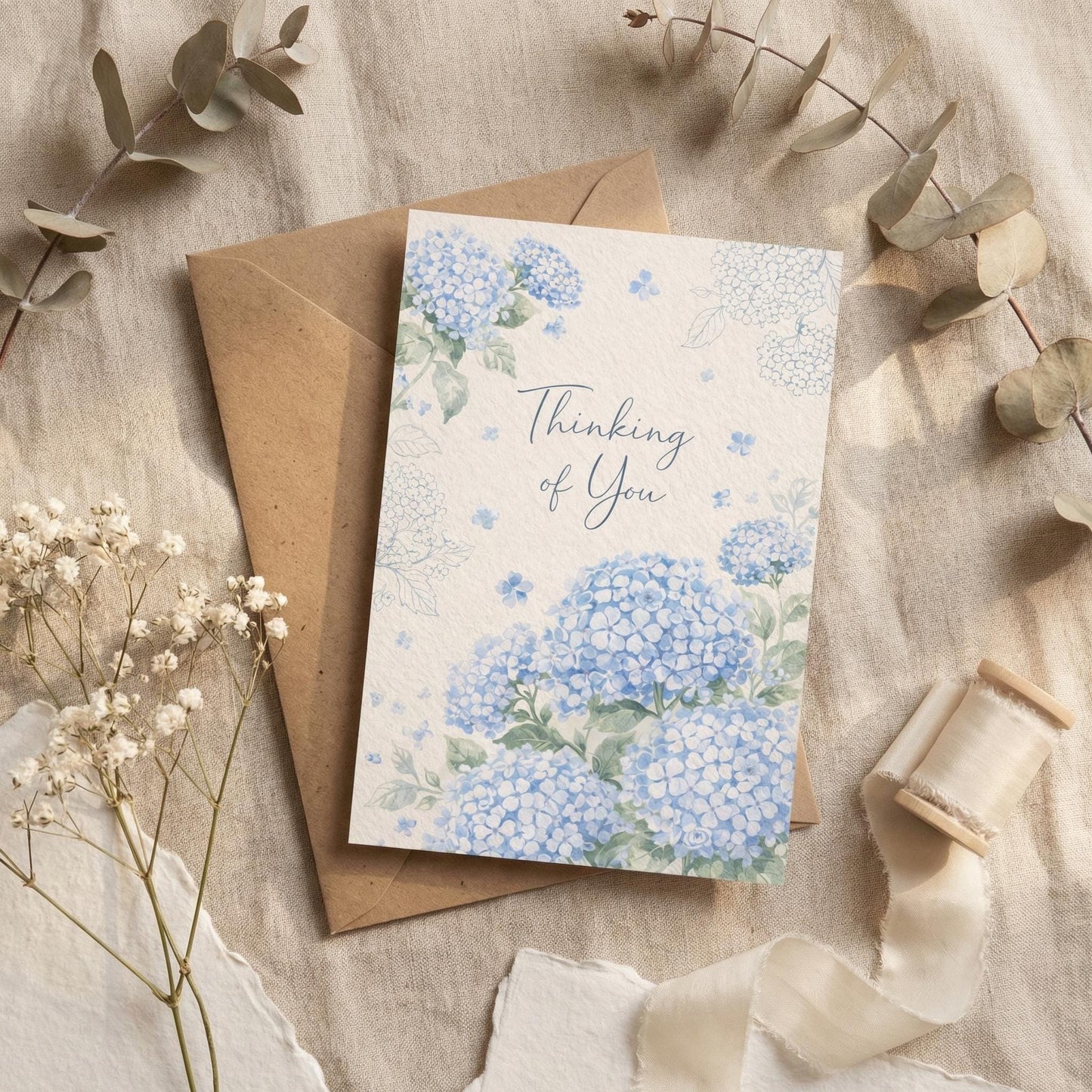 Blue Hydrangea Notecard Floral Design Botanical Illustration Sympathy Card Thinking Message Custom Stationery Faux Textured Paper Premium
