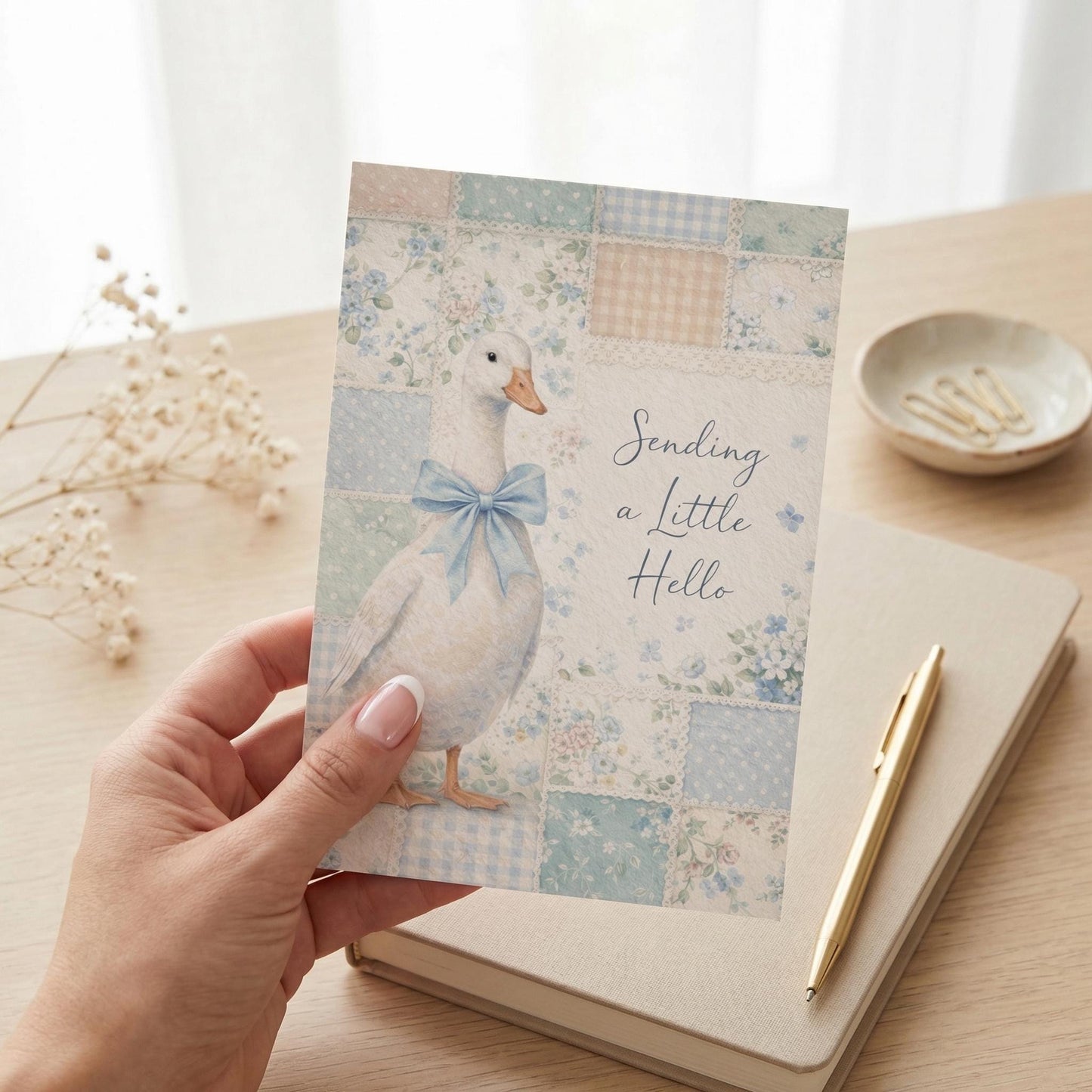 Goose Greeting Card Hello Note Blue Bow Tie Design Bird Stationery Item Set Cute Animal Notecard Collection Thinking Friend Cardstock