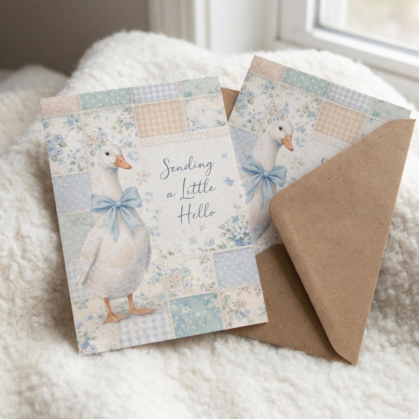 Goose Greeting Card Hello Note Blue Bow Tie Design Bird Stationery Item Set Cute Animal Notecard Collection Thinking Friend Cardstock