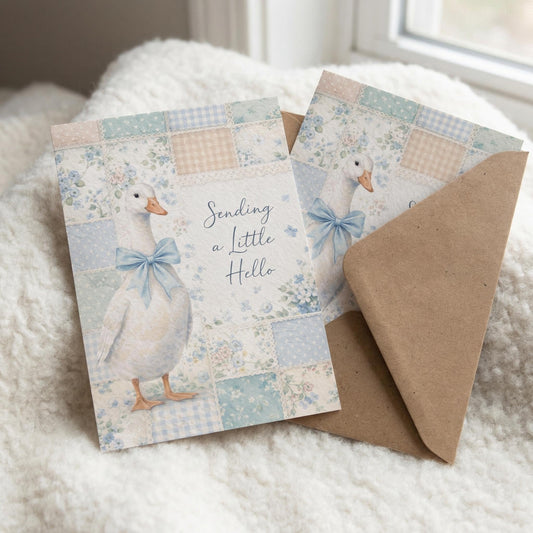 Goose Greeting Card Hello Note Blue Bow Tie Design Bird Stationery Item Set Cute Animal Notecard Collection Thinking Friend Cardstock