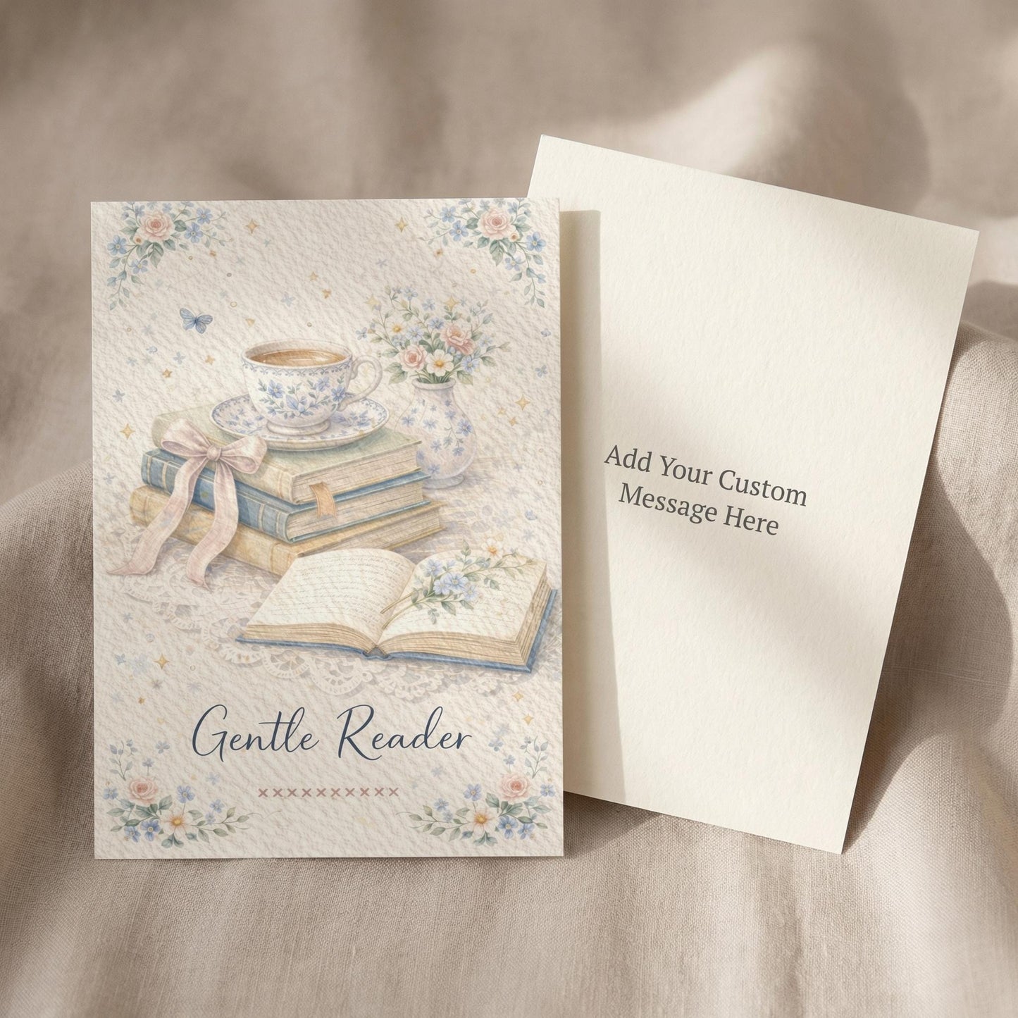 Book Lover Card Reading Gift Bibliophile Birthday Greeting Note Literary Stationery Vintage Illustration Pastel Design Gentle Reader Bookish