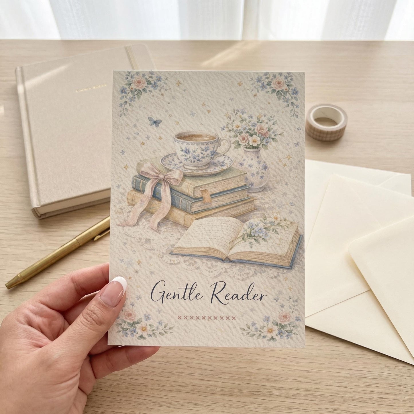 Book Lover Card Reading Gift Bibliophile Birthday Greeting Note Literary Stationery Vintage Illustration Pastel Design Gentle Reader Bookish