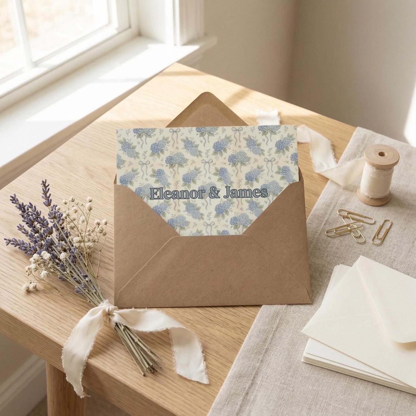 Blue Hydrangea Notecard Floral Stationery Set Customizable Greeting Card Thank You Botanical Note Elegant Wedding Flower Birthday Kraft