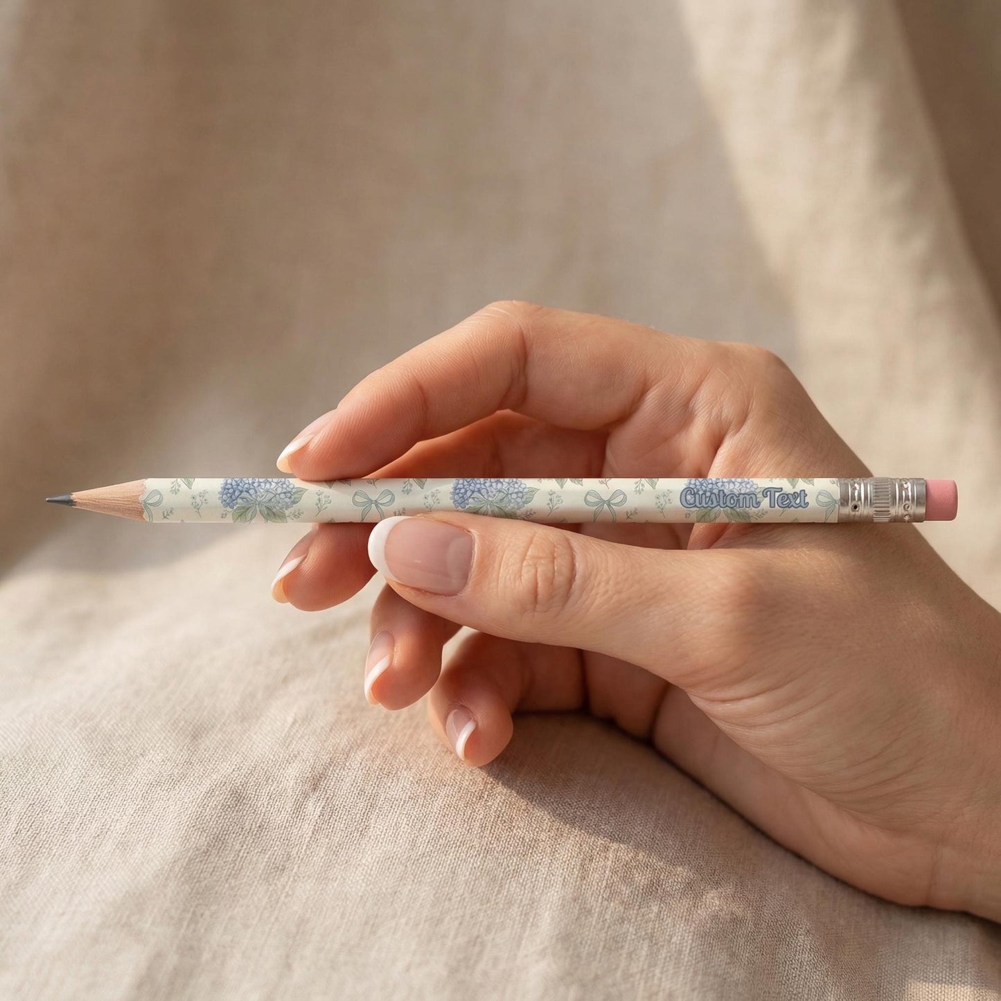 Personalized Wooden Pencil Blue Hydrangea Stationery Set Custom Text Student Supply Teacher Gift Idea Classroom Writing Tool Desk Accessory