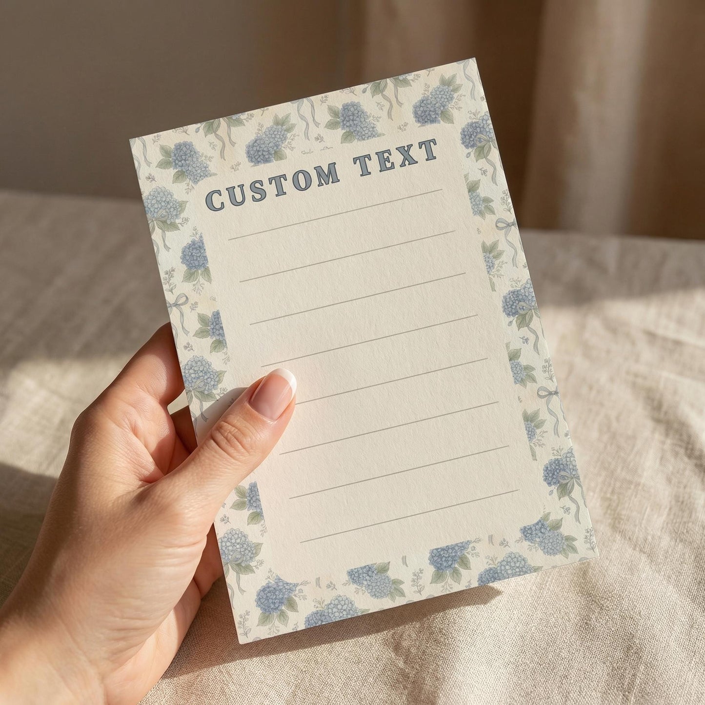 Personalized Floral Notepad Custom Stationery Blue Hydrangea Vintage Botanical Desk Accessory Daily Writing Lined Paper Premium Quality Gift