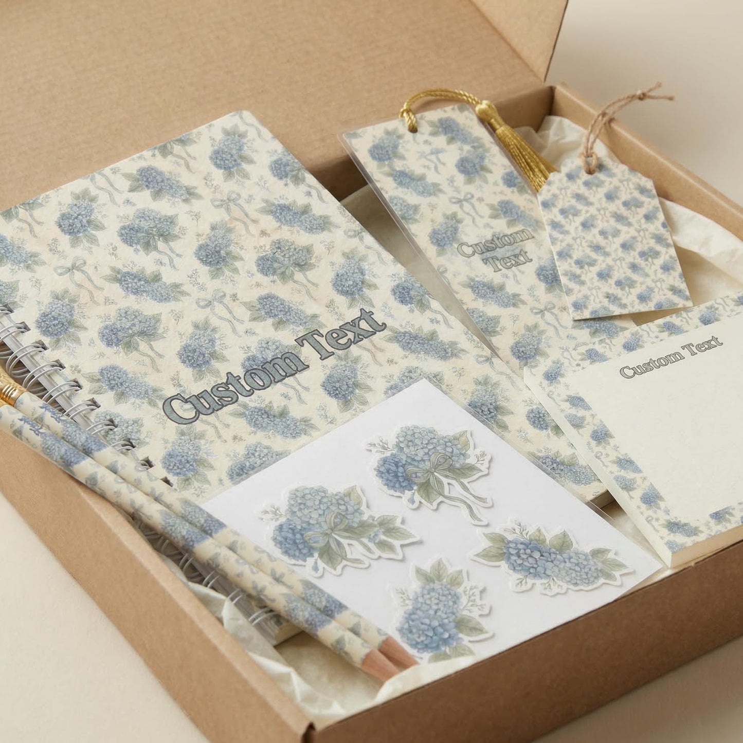 Personalized Stationery Set Blue Hydrangea Writing Kit Custom Notebook Premium Collection Botanical Paper Gift Box Office Supply Desk