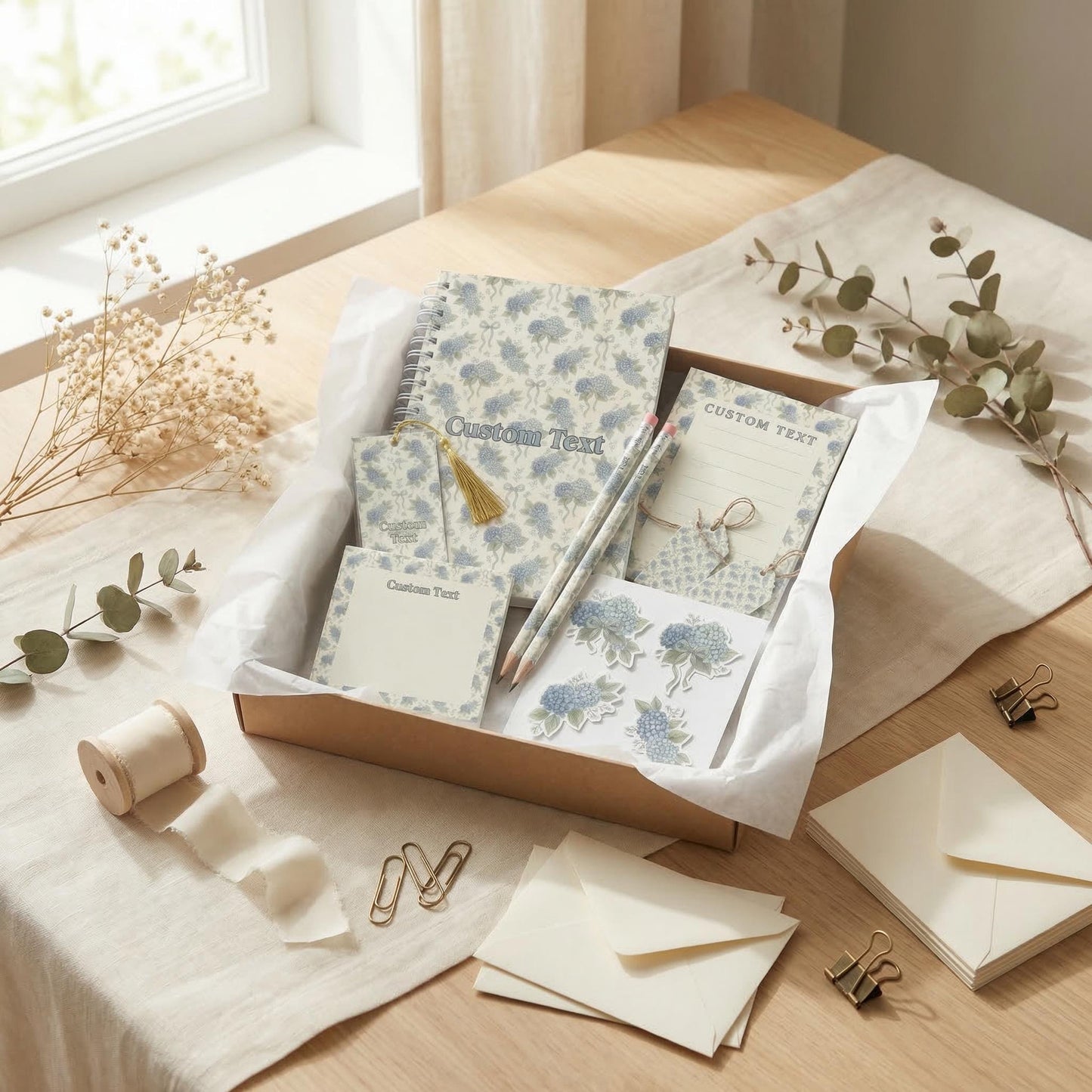Stationery Gift Box Custom Handmade Set Light Blue Hydrangea Writing Desk Accessory Bundle Notebook Collection Stepmom Present Teacher