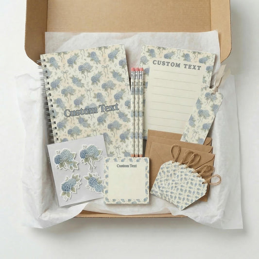 Blue Hydrangea Stationery Gift Package Complete Set Personalized Writing Collection Notebook Floral Design Elegant Box Office Supply Desk