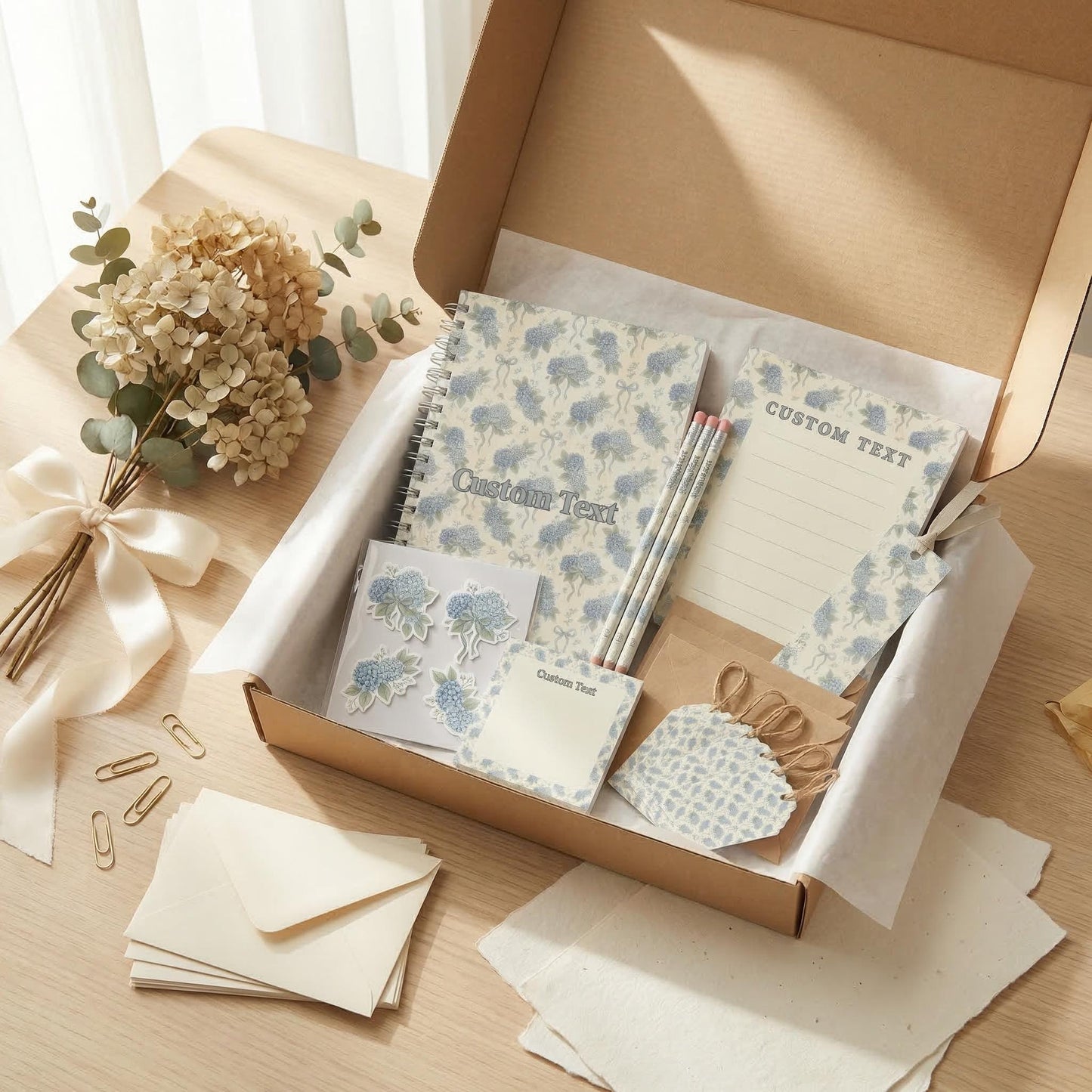 Blue Hydrangea Stationery Gift Package Complete Set Personalized Writing Collection Notebook Floral Design Elegant Box Office Supply Desk